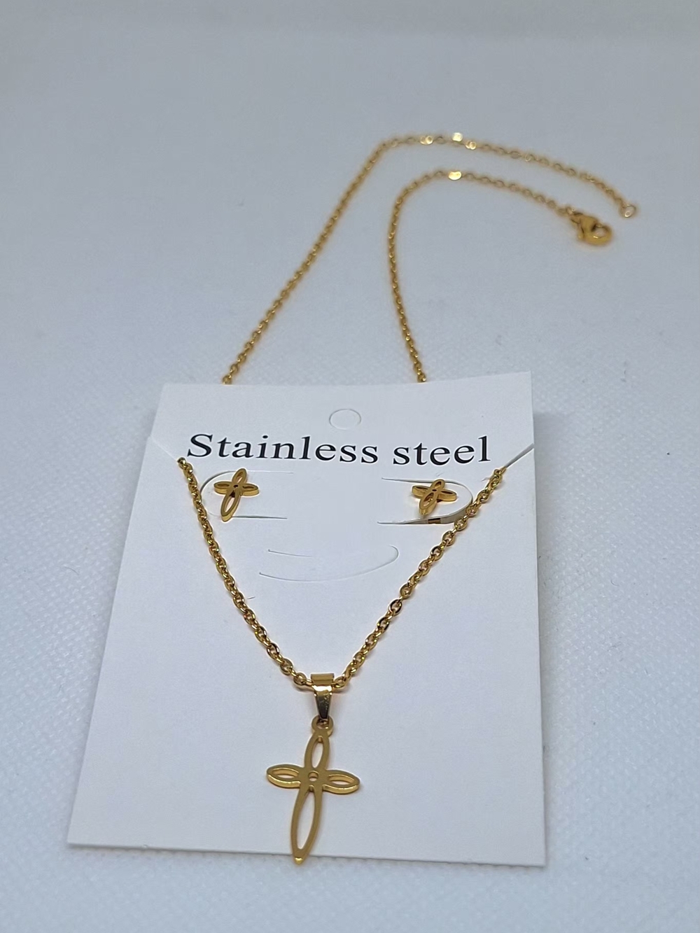 Gold Cross Necklace and Earring Set - Stainless Steel